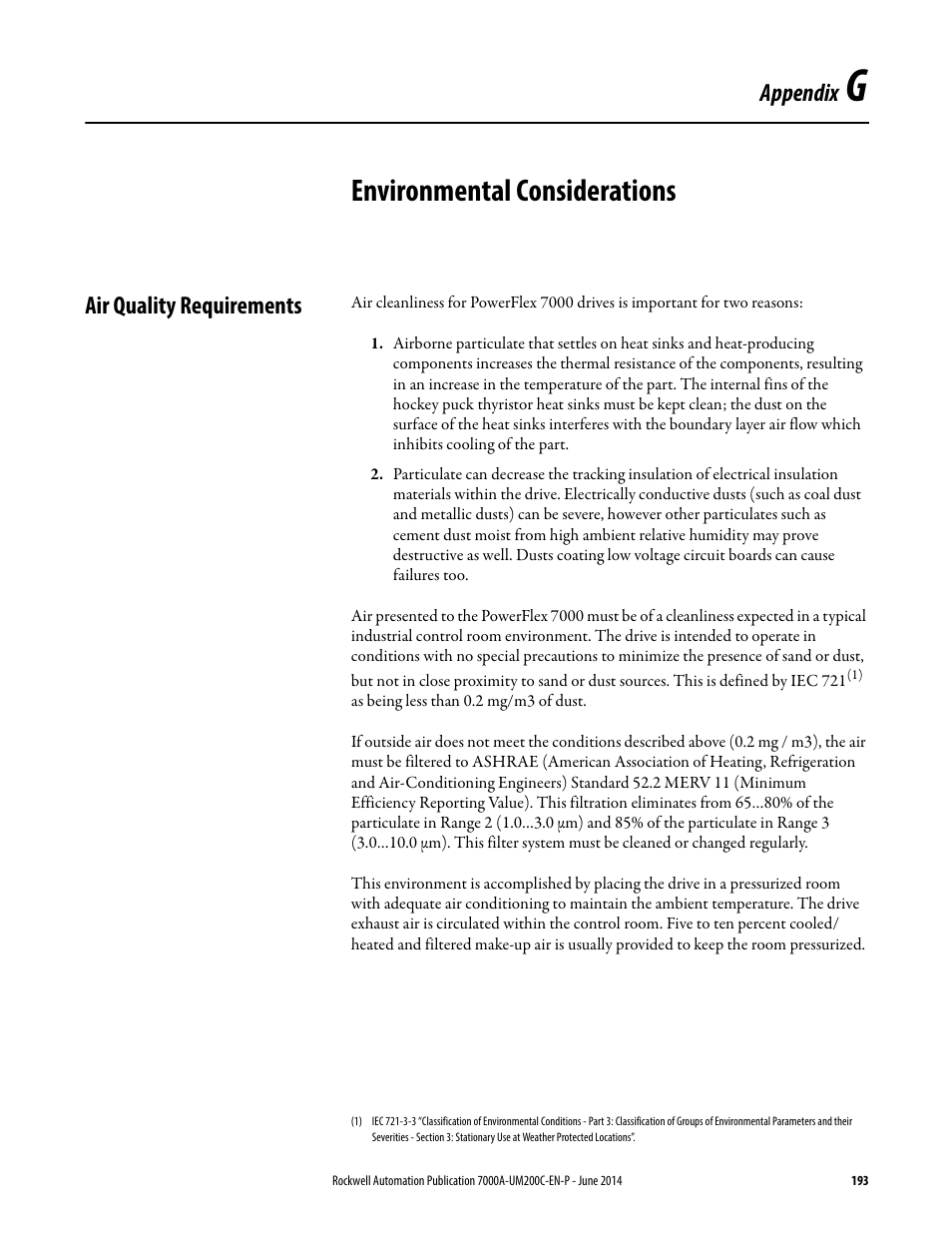 G - environmental considerations, Air quality requirements, Environmental considerations | Appendix | Rockwell Automation 7000A PowerFlex Medium Voltage AC Drive (A Frame) - ForGe Control User Manual | Page 193 / 208