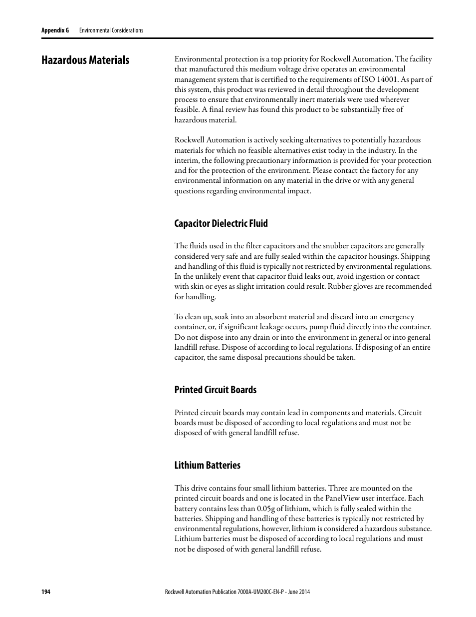 Hazardous materials, Capacitor dielectric fluid, Printed circuit boards | Lithium batteries | Rockwell Automation 7000A PowerFlex Medium Voltage AC Drive (A Frame) - ForGe Control User Manual | Page 194 / 208