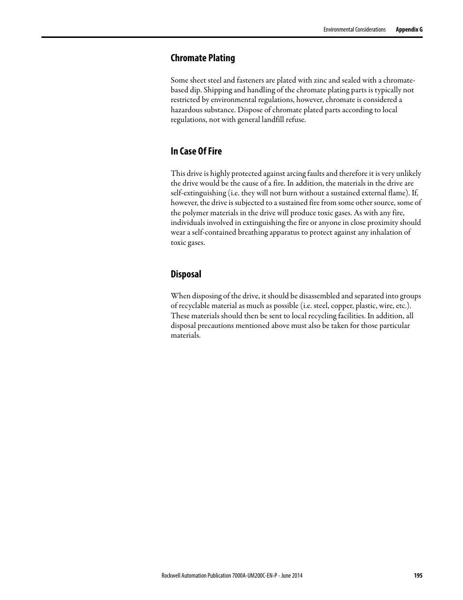 Chromate plating, In case of fire, Disposal | Rockwell Automation 7000A PowerFlex Medium Voltage AC Drive (A Frame) - ForGe Control User Manual | Page 195 / 208
