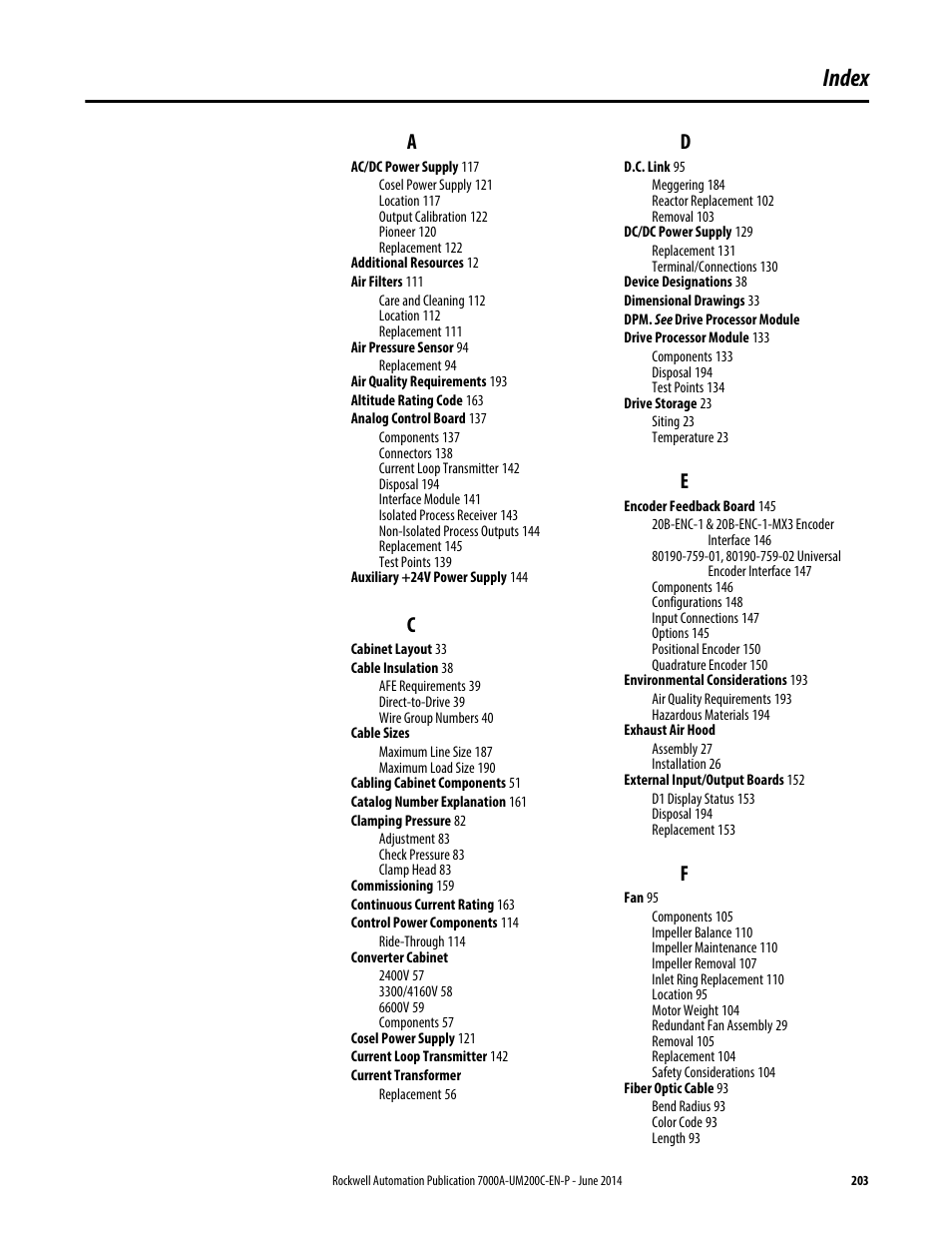 Index | Rockwell Automation 7000A PowerFlex Medium Voltage AC Drive (A Frame) - ForGe Control User Manual | Page 203 / 208