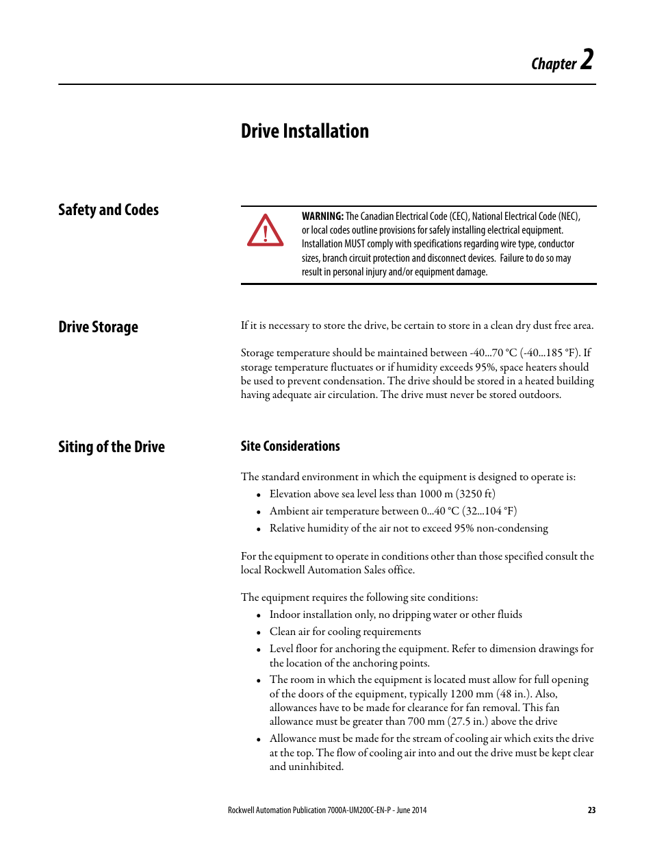 2 - drive installation, Safety and codes, Drive storage | Siting of the drive, Site considerations, Drive installation, Chapter, Safety and codes drive storage | Rockwell Automation 7000A PowerFlex Medium Voltage AC Drive (A Frame) - ForGe Control User Manual | Page 23 / 208