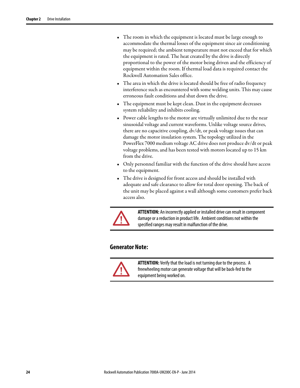 Generator note | Rockwell Automation 7000A PowerFlex Medium Voltage AC Drive (A Frame) - ForGe Control User Manual | Page 24 / 208