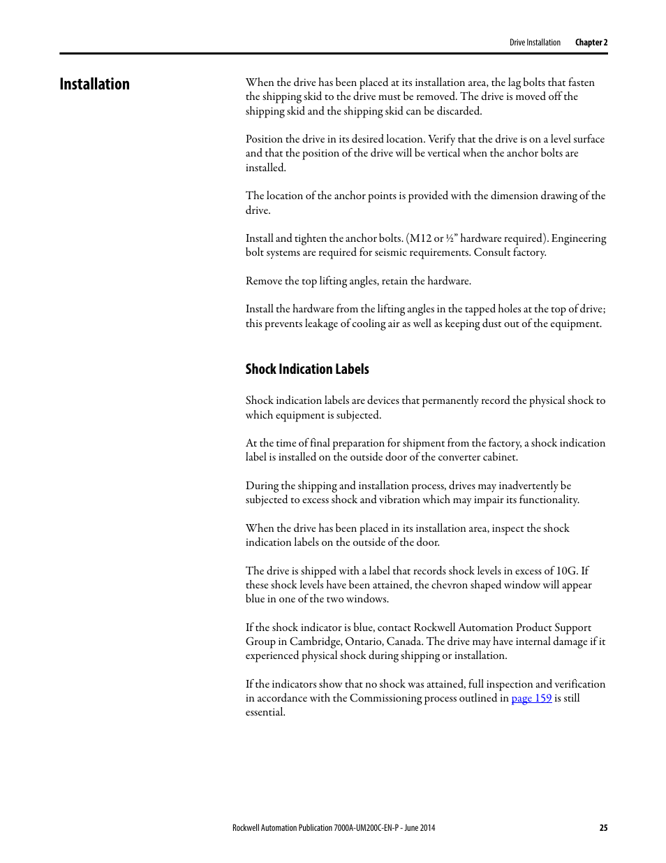 Installation, Shock indication labels | Rockwell Automation 7000A PowerFlex Medium Voltage AC Drive (A Frame) - ForGe Control User Manual | Page 25 / 208