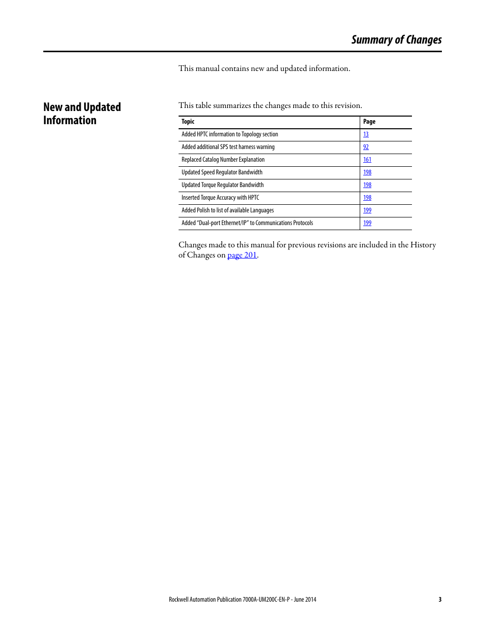 Summary of changes, New and updated information | Rockwell Automation 7000A PowerFlex Medium Voltage AC Drive (A Frame) - ForGe Control User Manual | Page 3 / 208