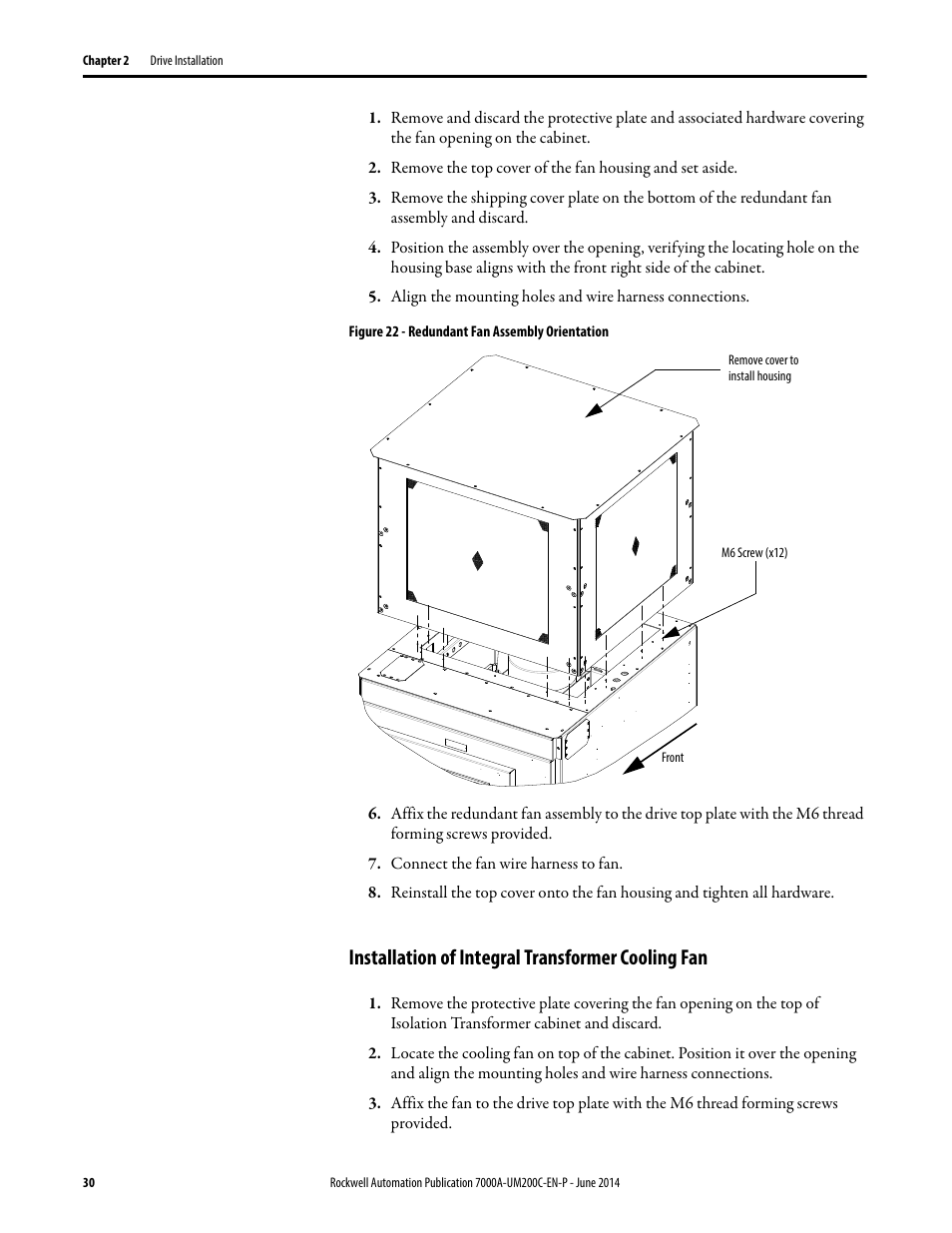 Installation of integral transformer cooling fan | Rockwell Automation 7000A PowerFlex Medium Voltage AC Drive (A Frame) - ForGe Control User Manual | Page 30 / 208