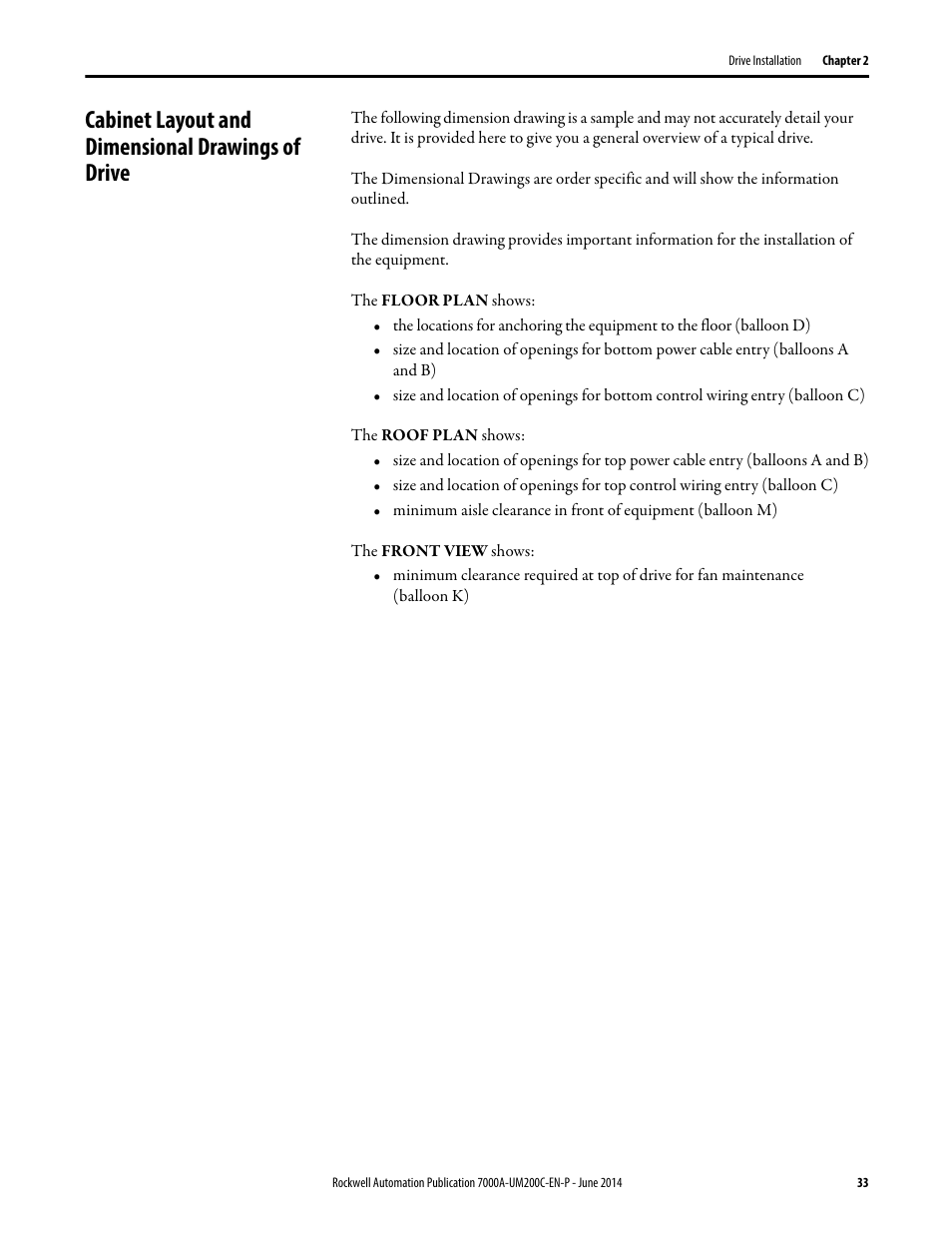 Cabinet layout and dimensional drawings of drive | Rockwell Automation 7000A PowerFlex Medium Voltage AC Drive (A Frame) - ForGe Control User Manual | Page 33 / 208