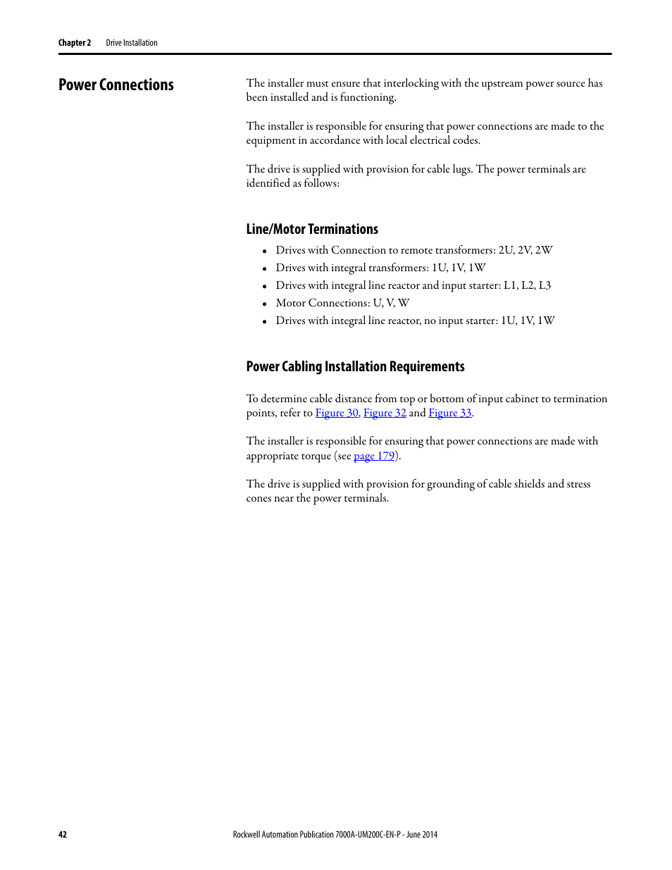 Power connections, Line/motor terminations, Power cabling installation requirements | Rockwell Automation 7000A PowerFlex Medium Voltage AC Drive (A Frame) - ForGe Control User Manual | Page 42 / 208