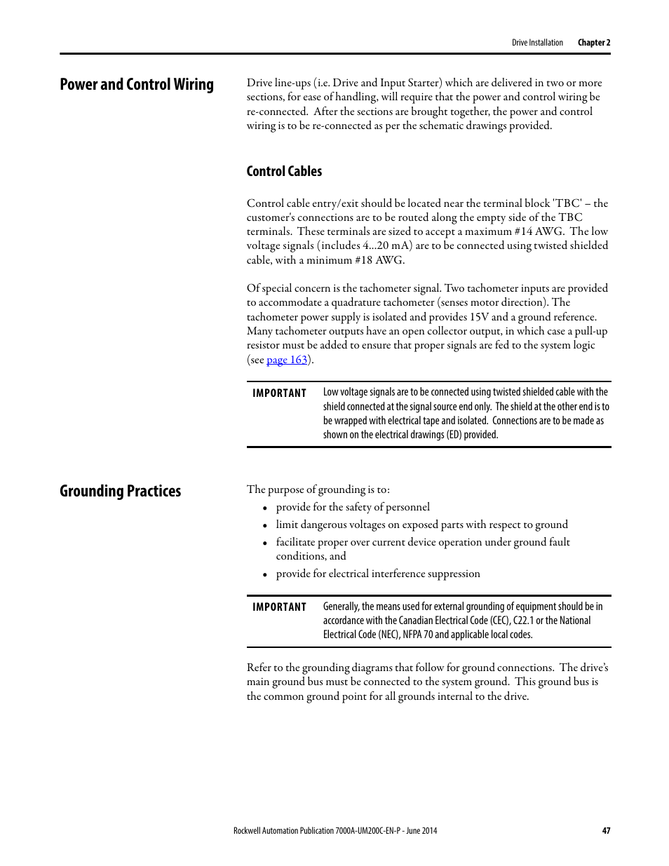 Power and control wiring, Control cables, Grounding practices | Rockwell Automation 7000A PowerFlex Medium Voltage AC Drive (A Frame) - ForGe Control User Manual | Page 47 / 208