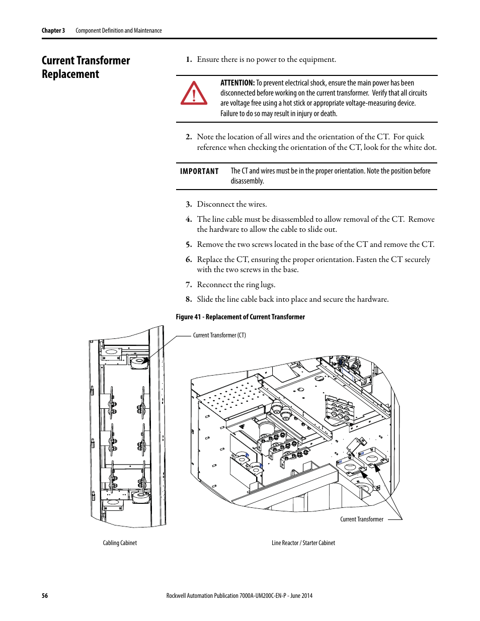 Current transformer replacement | Rockwell Automation 7000A PowerFlex Medium Voltage AC Drive (A Frame) - ForGe Control User Manual | Page 56 / 208