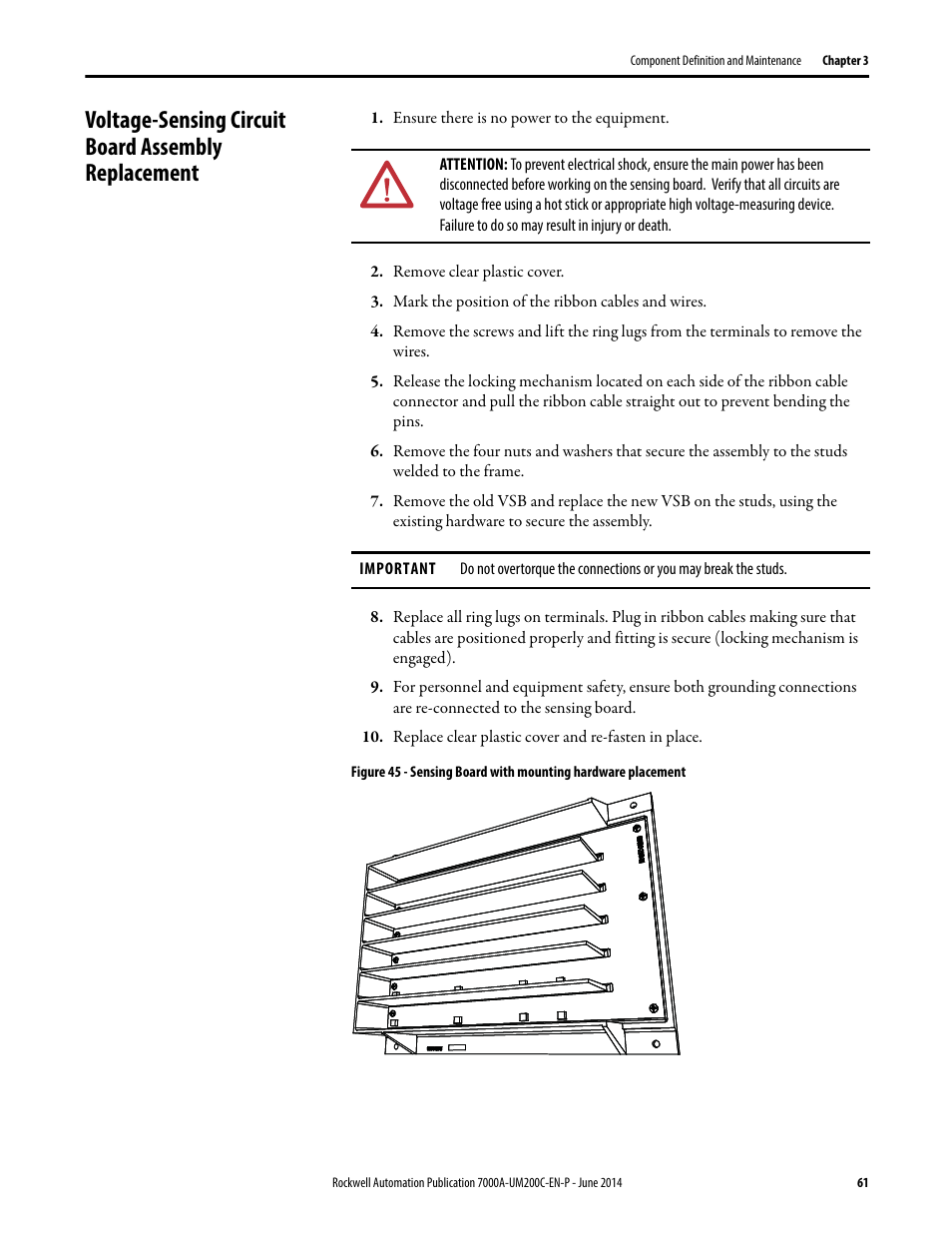Voltage-sensing circuit board assembly replacement | Rockwell Automation 7000A PowerFlex Medium Voltage AC Drive (A Frame) - ForGe Control User Manual | Page 61 / 208