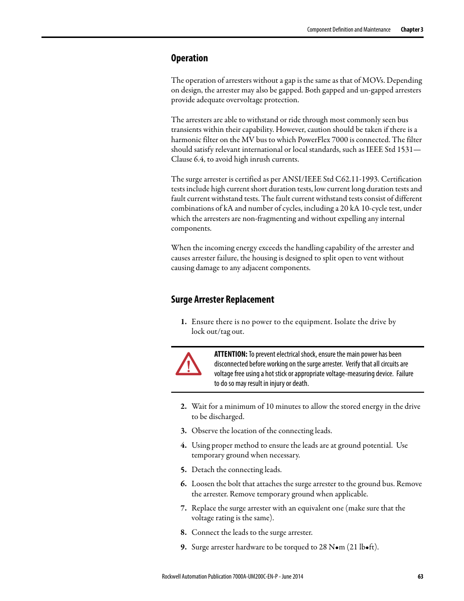 Operation, Surge arrester replacement | Rockwell Automation 7000A PowerFlex Medium Voltage AC Drive (A Frame) - ForGe Control User Manual | Page 63 / 208