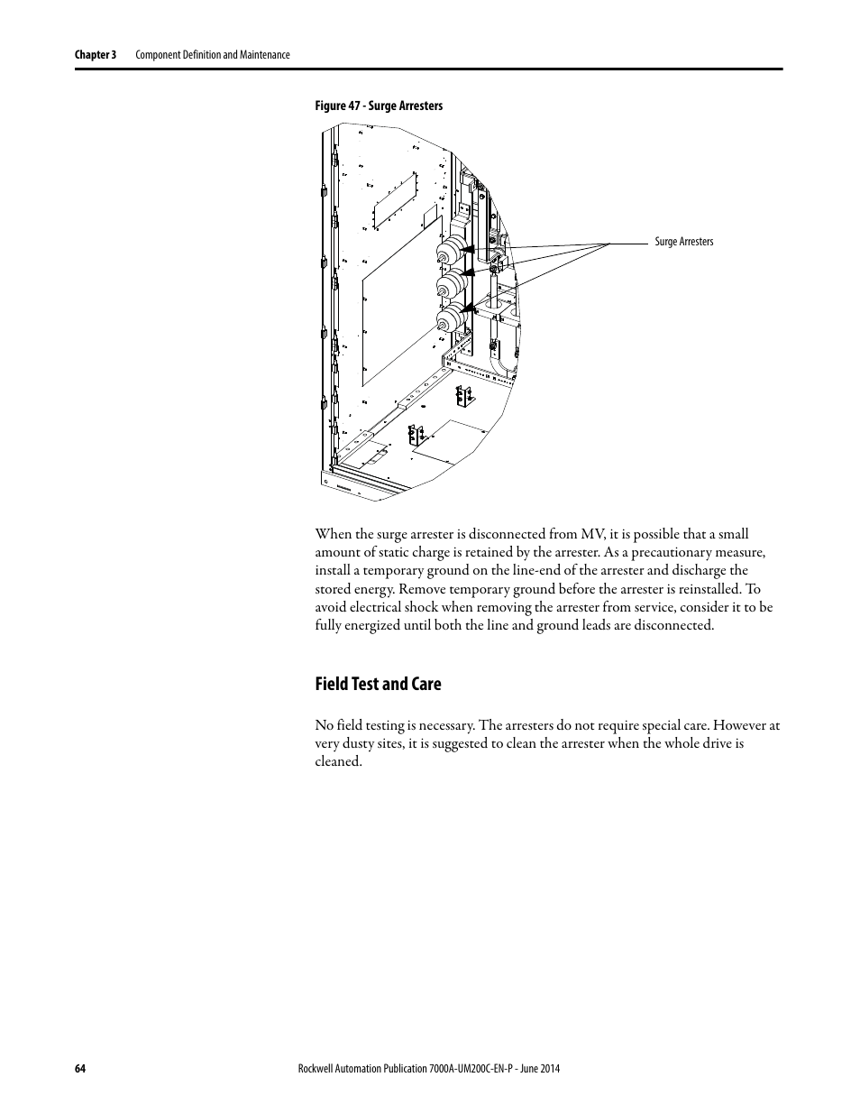Field test and care | Rockwell Automation 7000A PowerFlex Medium Voltage AC Drive (A Frame) - ForGe Control User Manual | Page 64 / 208