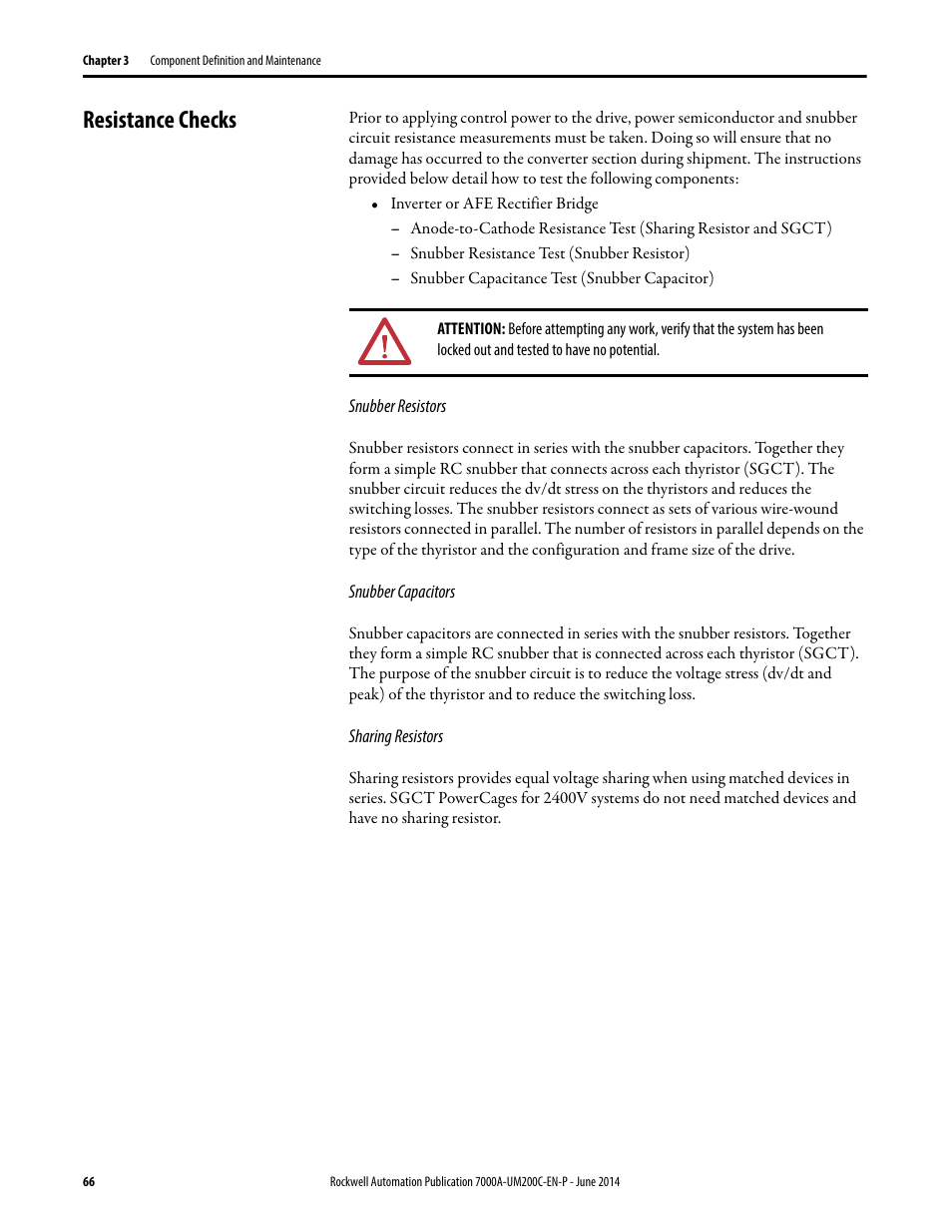 Resistance checks | Rockwell Automation 7000A PowerFlex Medium Voltage AC Drive (A Frame) - ForGe Control User Manual | Page 66 / 208