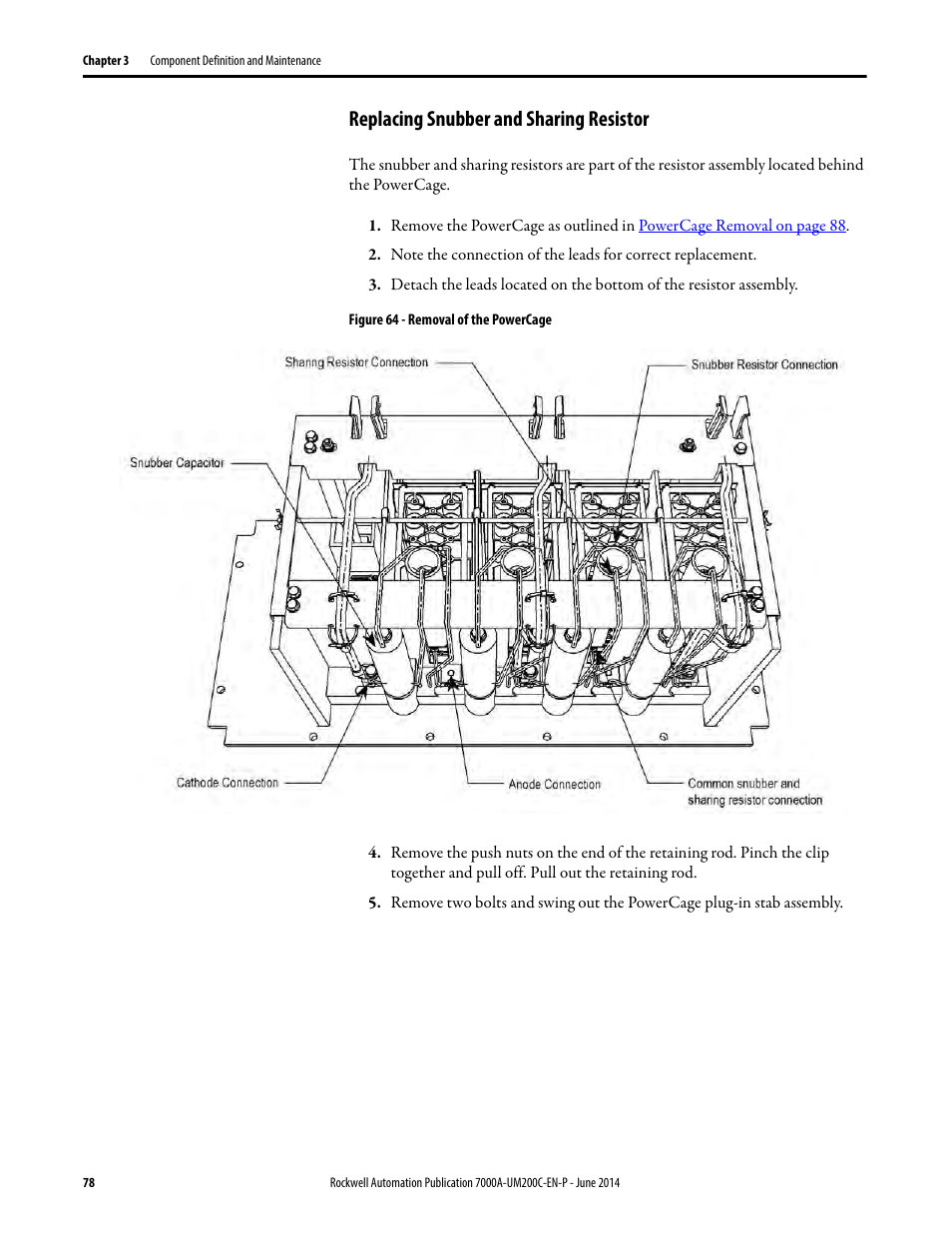 Replacing snubber and sharing resistor | Rockwell Automation 7000A PowerFlex Medium Voltage AC Drive (A Frame) - ForGe Control User Manual | Page 78 / 208