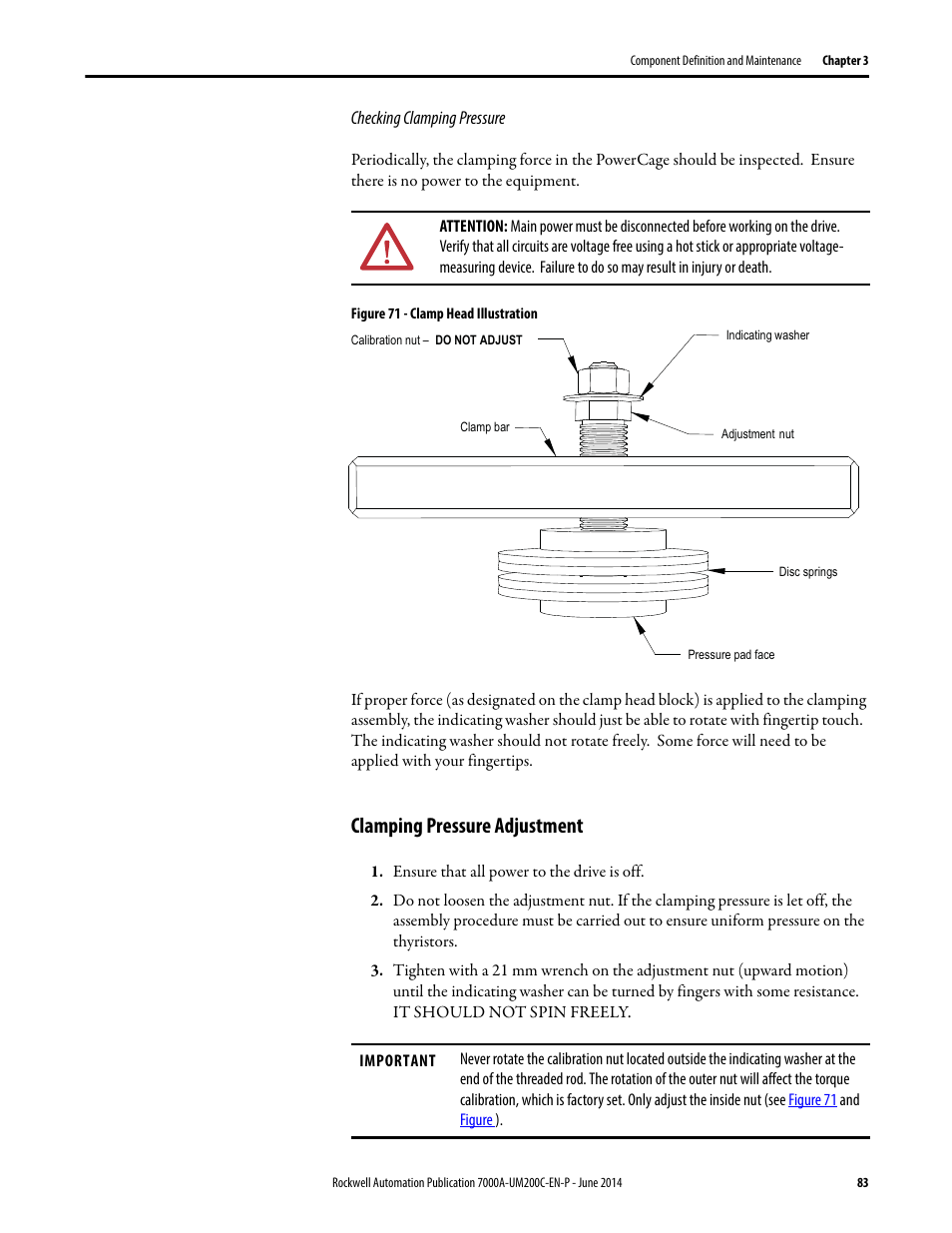 Clamping pressure adjustment | Rockwell Automation 7000A PowerFlex Medium Voltage AC Drive (A Frame) - ForGe Control User Manual | Page 83 / 208