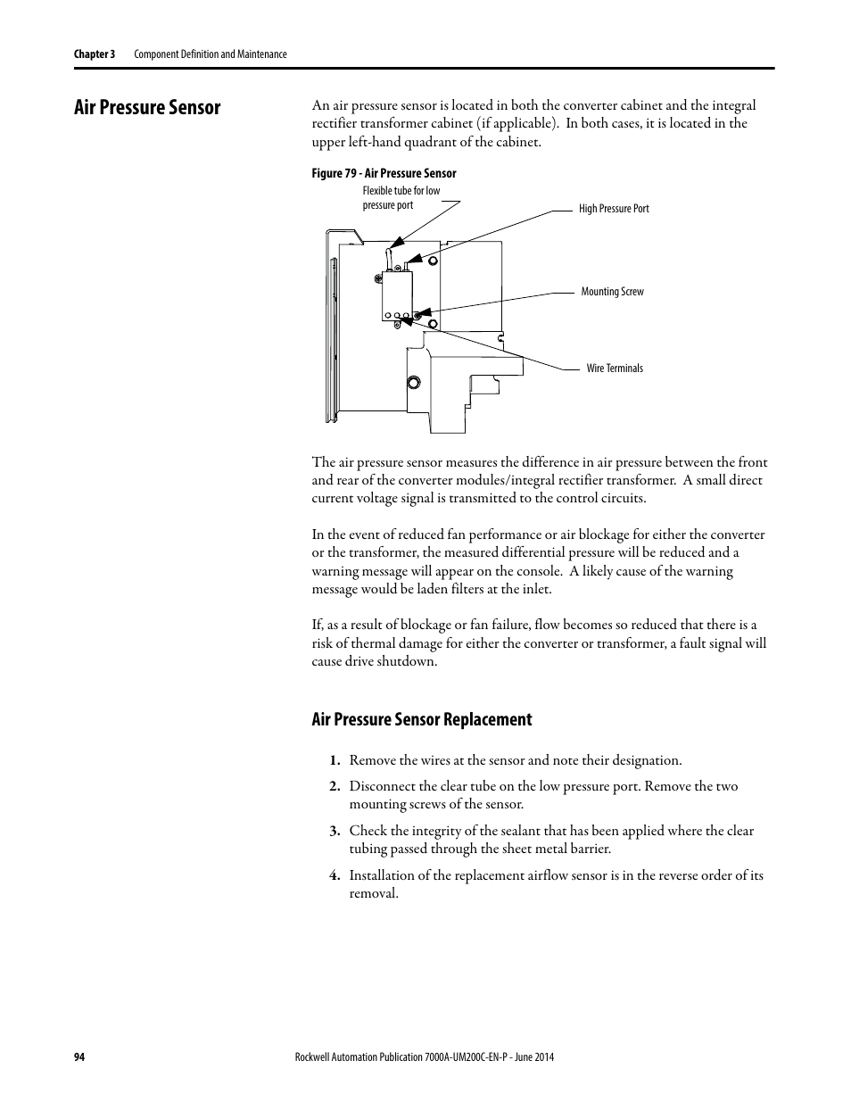 Air pressure sensor, Air pressure sensor replacement | Rockwell Automation 7000A PowerFlex Medium Voltage AC Drive (A Frame) - ForGe Control User Manual | Page 94 / 208
