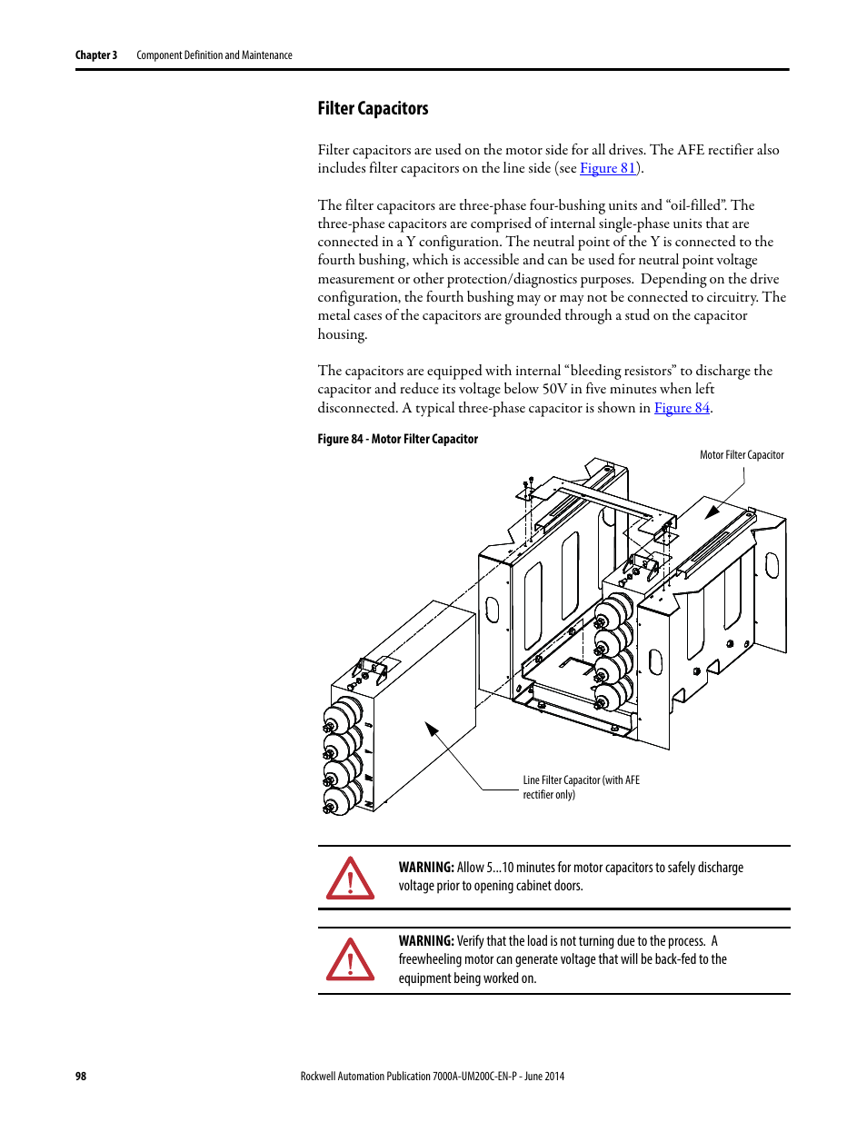Filter capacitors | Rockwell Automation 7000A PowerFlex Medium Voltage AC Drive (A Frame) - ForGe Control User Manual | Page 98 / 208