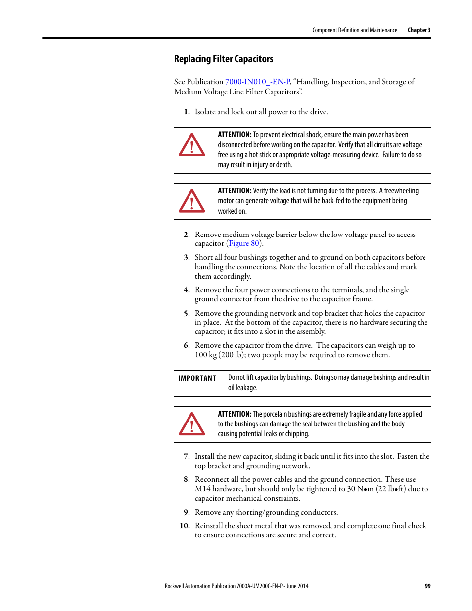 Replacing filter capacitors | Rockwell Automation 7000A PowerFlex Medium Voltage AC Drive (A Frame) - ForGe Control User Manual | Page 99 / 208