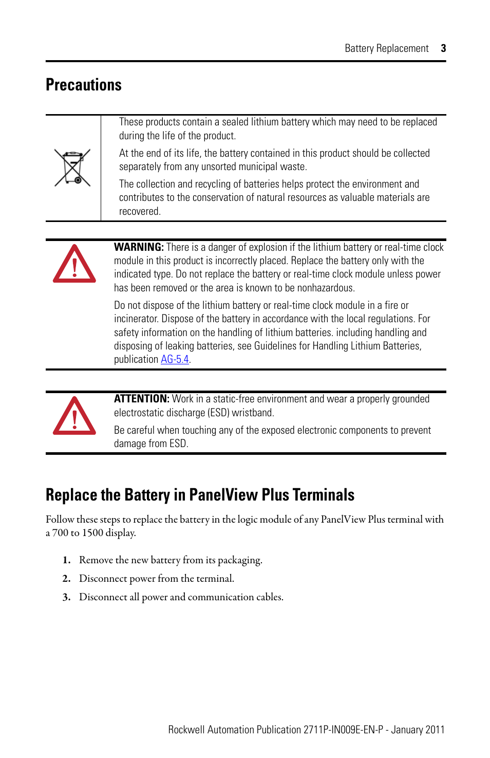 Precautions, Replace the battery in panelview plus terminals | Rockwell Automation 2711P-RY2032 Battery Replacement User Manual | Page 3 / 8