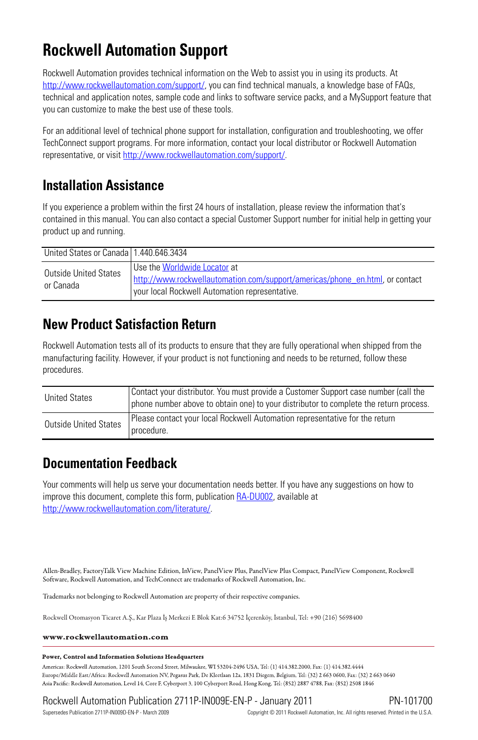 Back cover, Rockwell automation support, Installation assistance | New product satisfaction return, Documentation feedback | Rockwell Automation 2711P-RY2032 Battery Replacement User Manual | Page 8 / 8