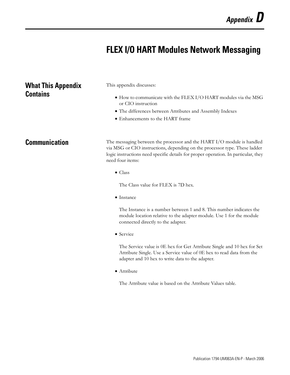 Appendix d, Flex i/o hart modules network messaging, What this appendix contains | Communication, Appendix | Rockwell Automation 1794-OE8H FLEX I/O HART Analog Modules User Manual User Manual | Page 115 / 146