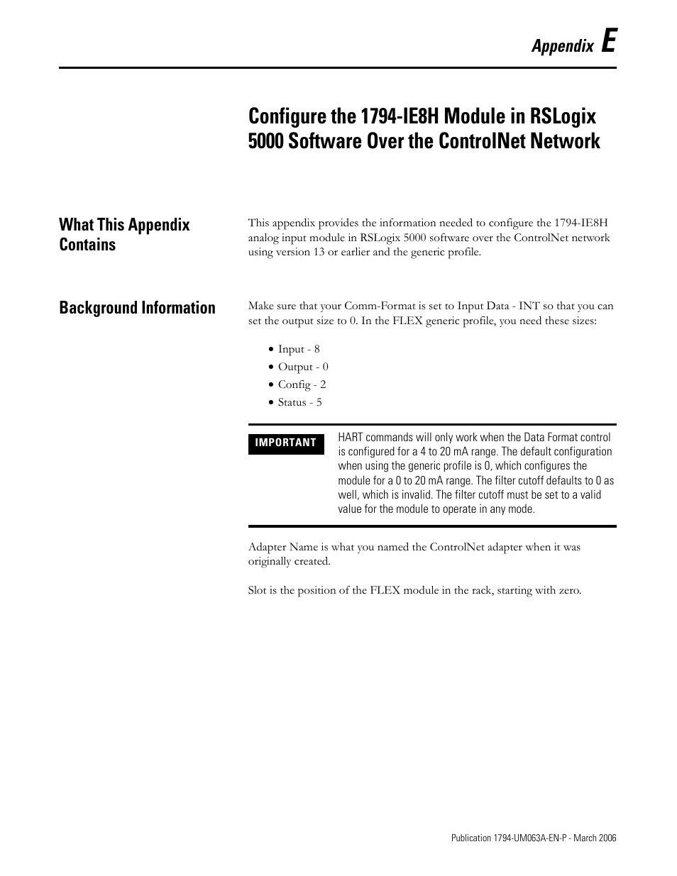 Appendix e, What this appendix contains, Background information | Rockwell Automation 1794-OE8H FLEX I/O HART Analog Modules User Manual User Manual | Page 121 / 146