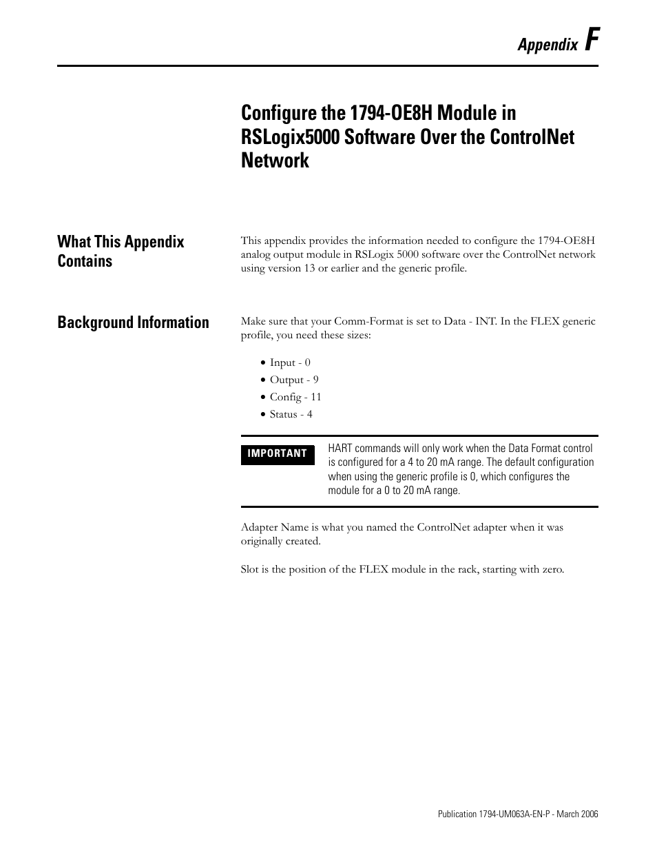 What this appendix contains, Background information, Appendix f | Rockwell Automation 1794-OE8H FLEX I/O HART Analog Modules User Manual User Manual | Page 131 / 146