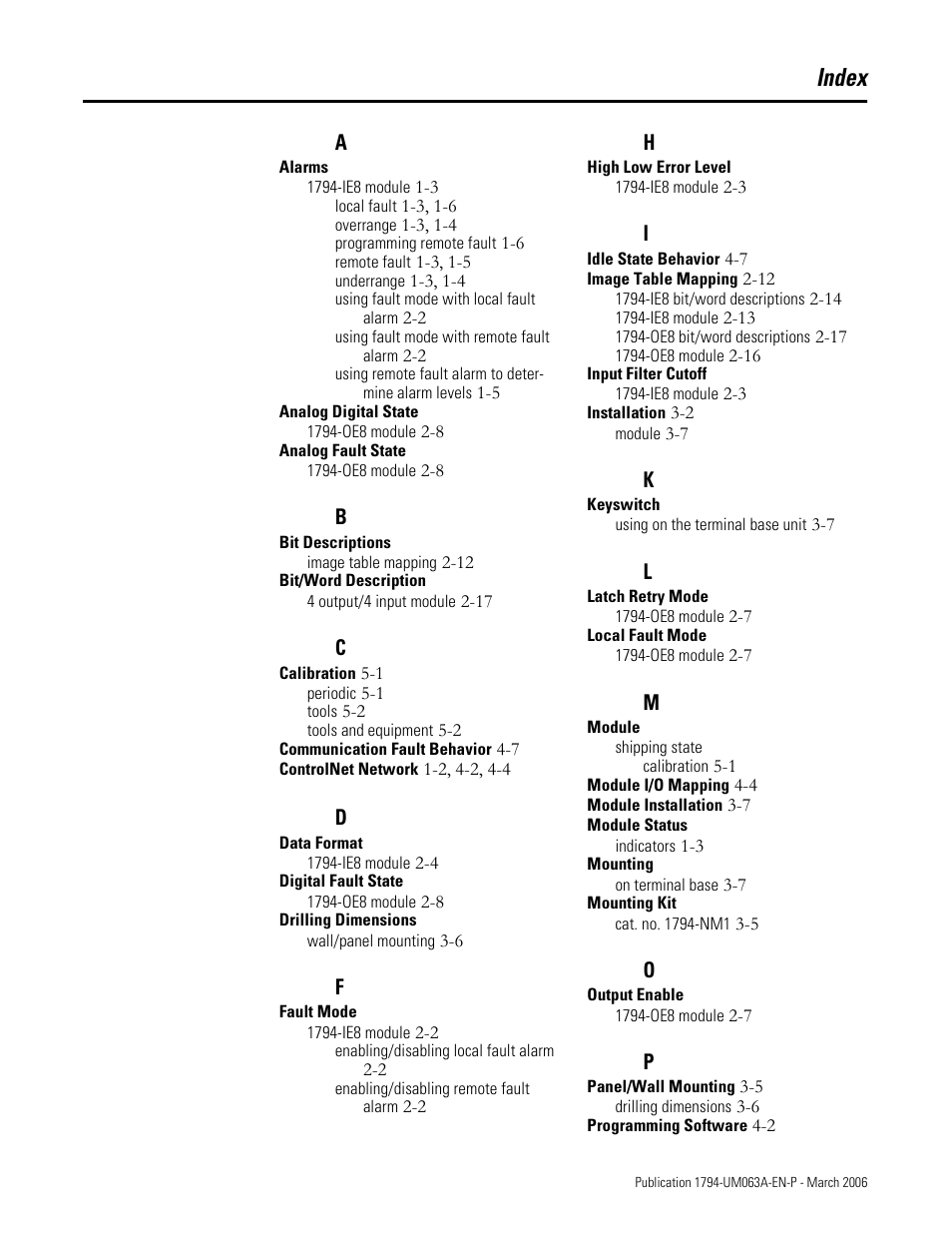 Index | Rockwell Automation 1794-OE8H FLEX I/O HART Analog Modules User Manual User Manual | Page 143 / 146