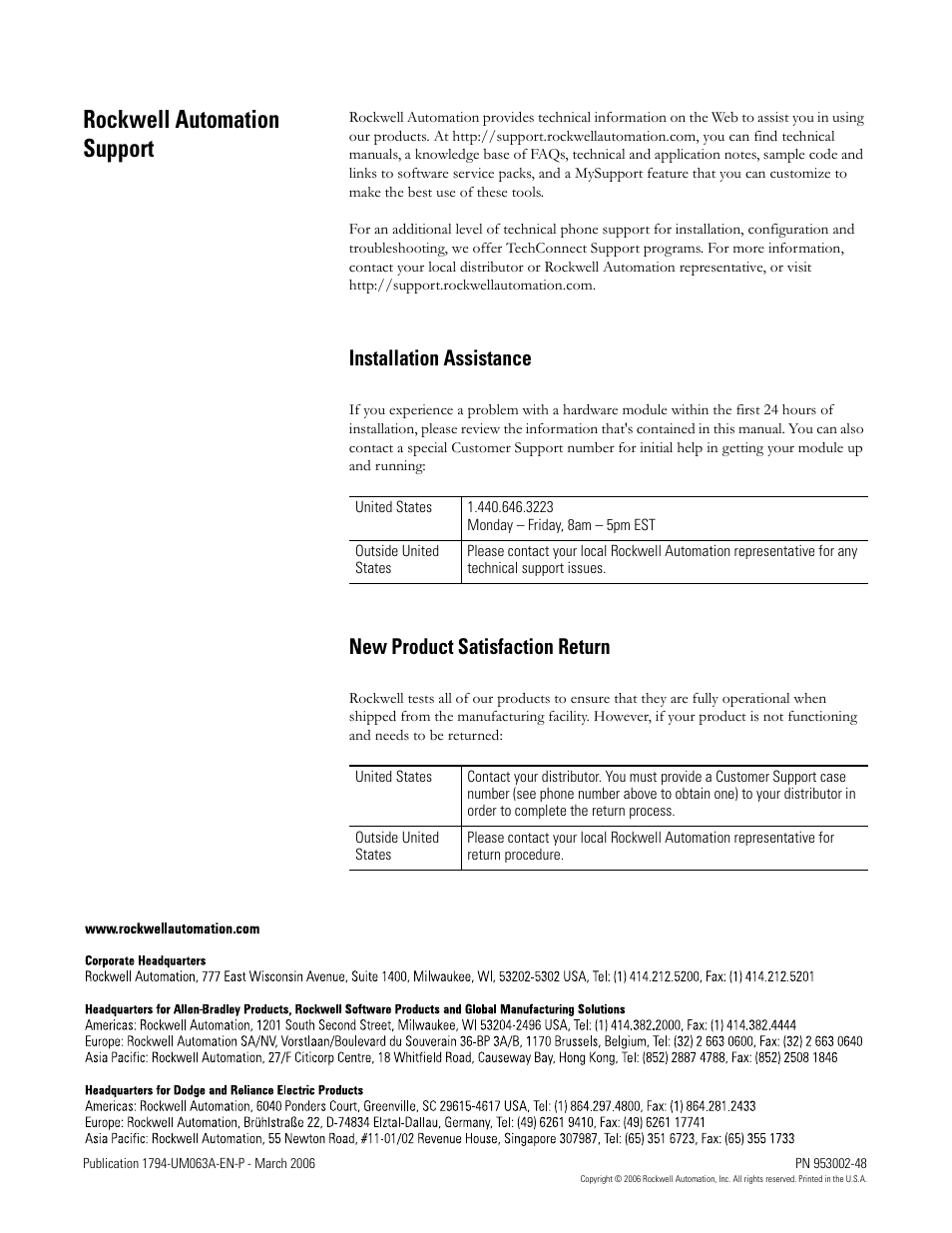 Rockwell automation support, Installation assistance, New product satisfaction return | Rockwell Automation 1794-OE8H FLEX I/O HART Analog Modules User Manual User Manual | Page 146 / 146