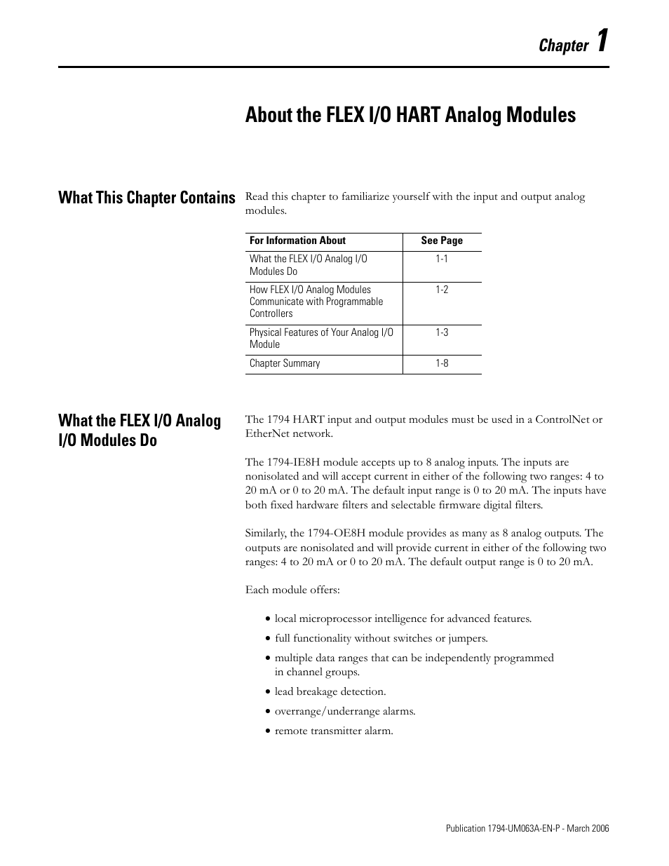 Chapter 1, About the flex i/o hart analog modules, What this chapter contains | What the flex i/o analog i/o modules do, Chapter | Rockwell Automation 1794-OE8H FLEX I/O HART Analog Modules User Manual User Manual | Page 17 / 146