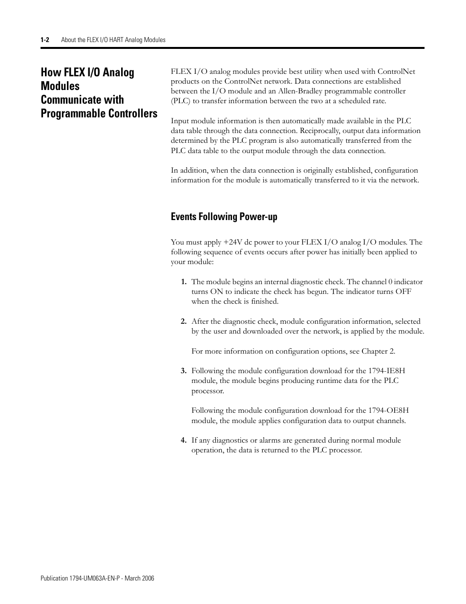 Events following power-up -2, Events following power-up | Rockwell Automation 1794-OE8H FLEX I/O HART Analog Modules User Manual User Manual | Page 18 / 146