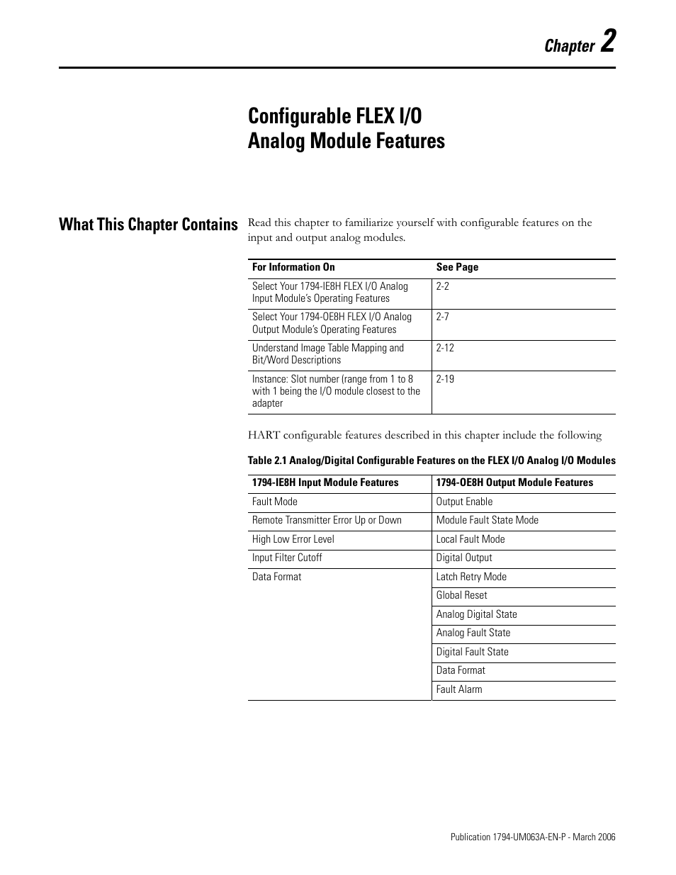 Chapter 2, Configurable flex i/o analog module features, What this chapter contains | What this chapter contains -1, Chapter | Rockwell Automation 1794-OE8H FLEX I/O HART Analog Modules User Manual User Manual | Page 25 / 146
