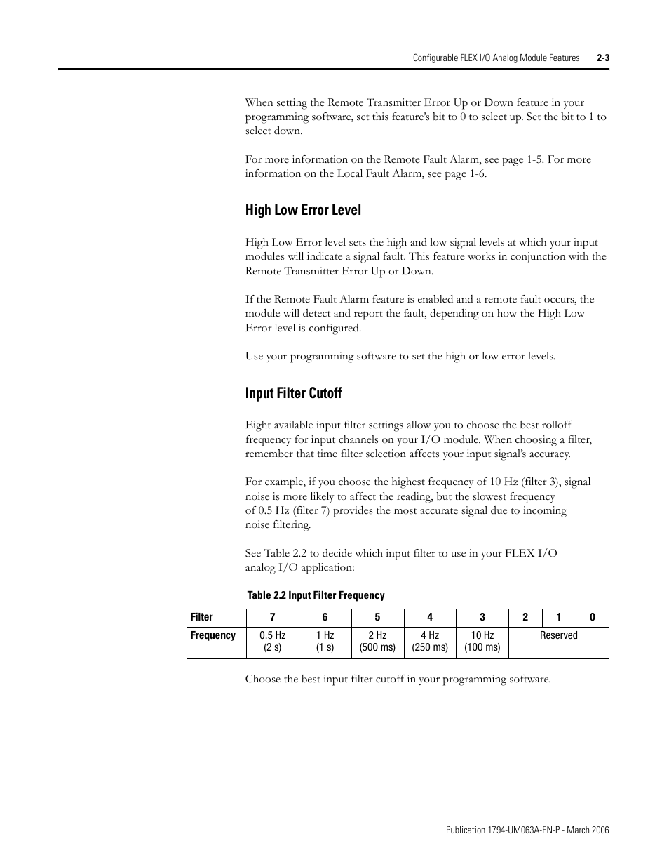 High low error level -3 input filter cutoff -3, High low error level, Input filter cutoff | Rockwell Automation 1794-OE8H FLEX I/O HART Analog Modules User Manual User Manual | Page 27 / 146