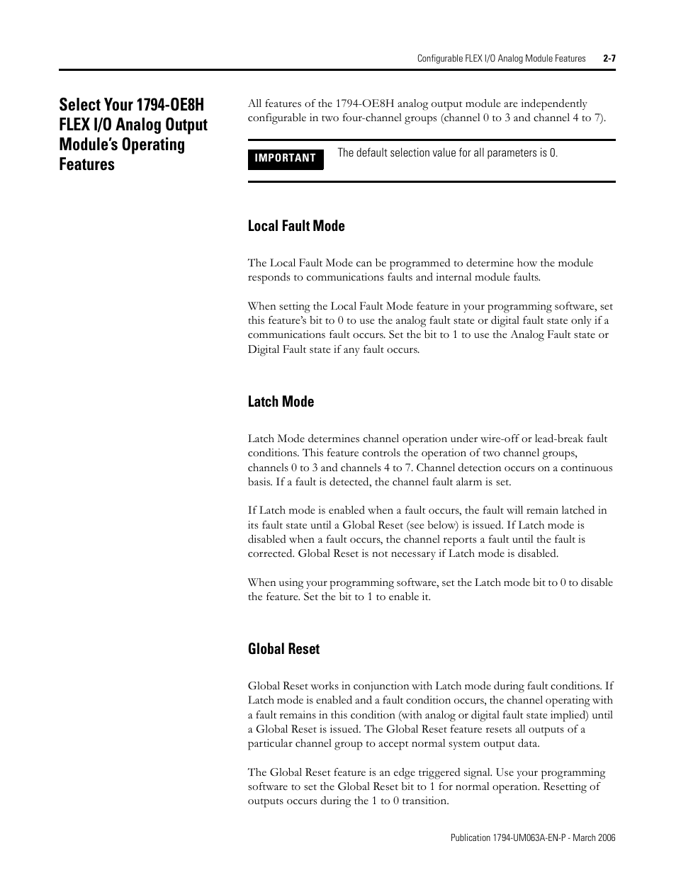 Local fault mode -7 latch mode -7 global reset -7 | Rockwell Automation 1794-OE8H FLEX I/O HART Analog Modules User Manual User Manual | Page 31 / 146