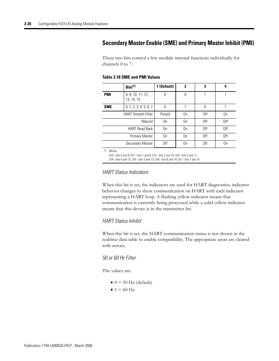 Hart status indicators, Hart status inhibit, 50 or 60 hz filter | Rockwell Automation 1794-OE8H FLEX I/O HART Analog Modules User Manual User Manual | Page 44 / 146