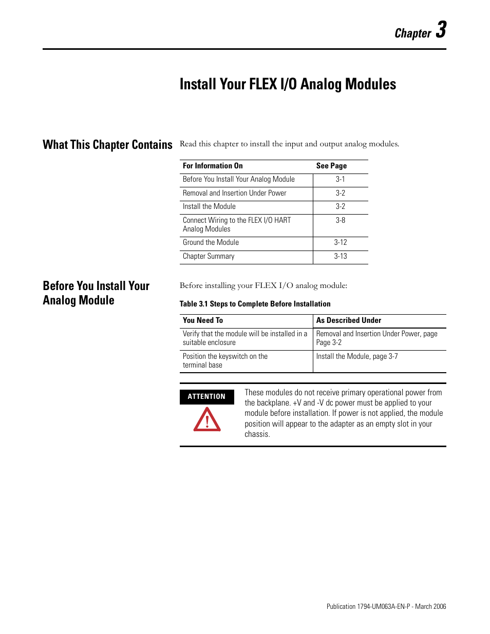 Chapter 3, Install your flex i/o analog modules, What this chapter contains | Before you install your analog module, Chapter | Rockwell Automation 1794-OE8H FLEX I/O HART Analog Modules User Manual User Manual | Page 47 / 146