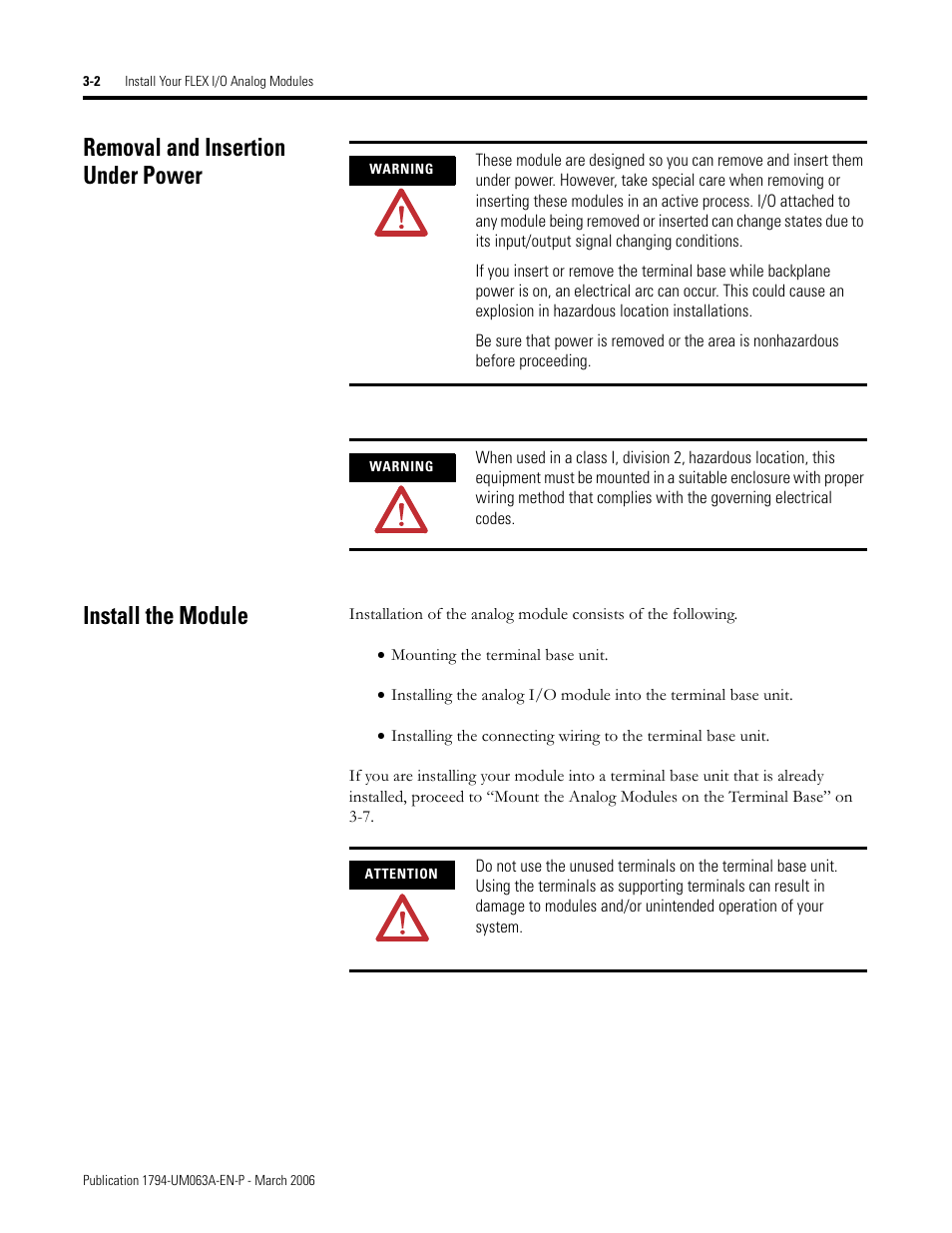 Removal and insertion under power, Install the module | Rockwell Automation 1794-OE8H FLEX I/O HART Analog Modules User Manual User Manual | Page 48 / 146