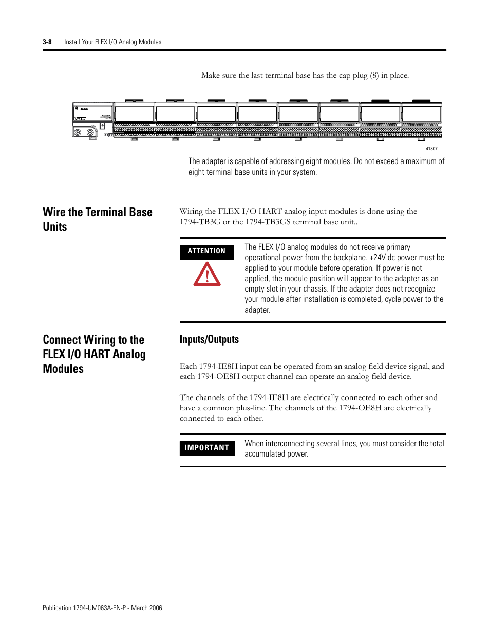 Wire the terminal base units, Connect wiring to the flex i/o hart analog modules, Flex i/o hart analog modules -8 | Inputs/outputs -8, Inputs/outputs | Rockwell Automation 1794-OE8H FLEX I/O HART Analog Modules User Manual User Manual | Page 54 / 146