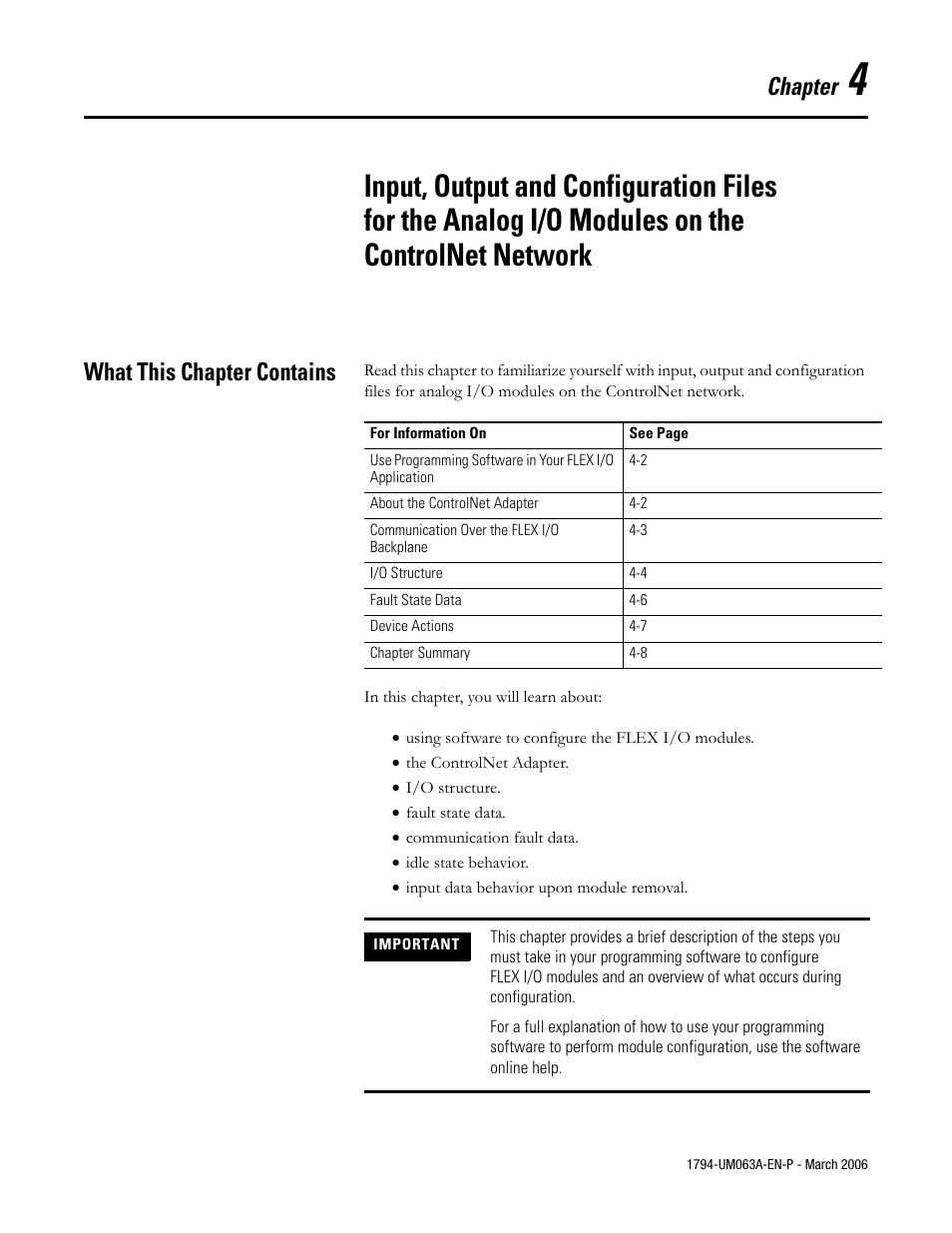 Chapter 4, What this chapter contains, What this chapter contains -1 | Chapter | Rockwell Automation 1794-OE8H FLEX I/O HART Analog Modules User Manual User Manual | Page 61 / 146