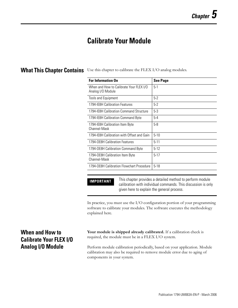 Chapter 5, Calibrate your module, What this chapter contains | Chapter | Rockwell Automation 1794-OE8H FLEX I/O HART Analog Modules User Manual User Manual | Page 69 / 146