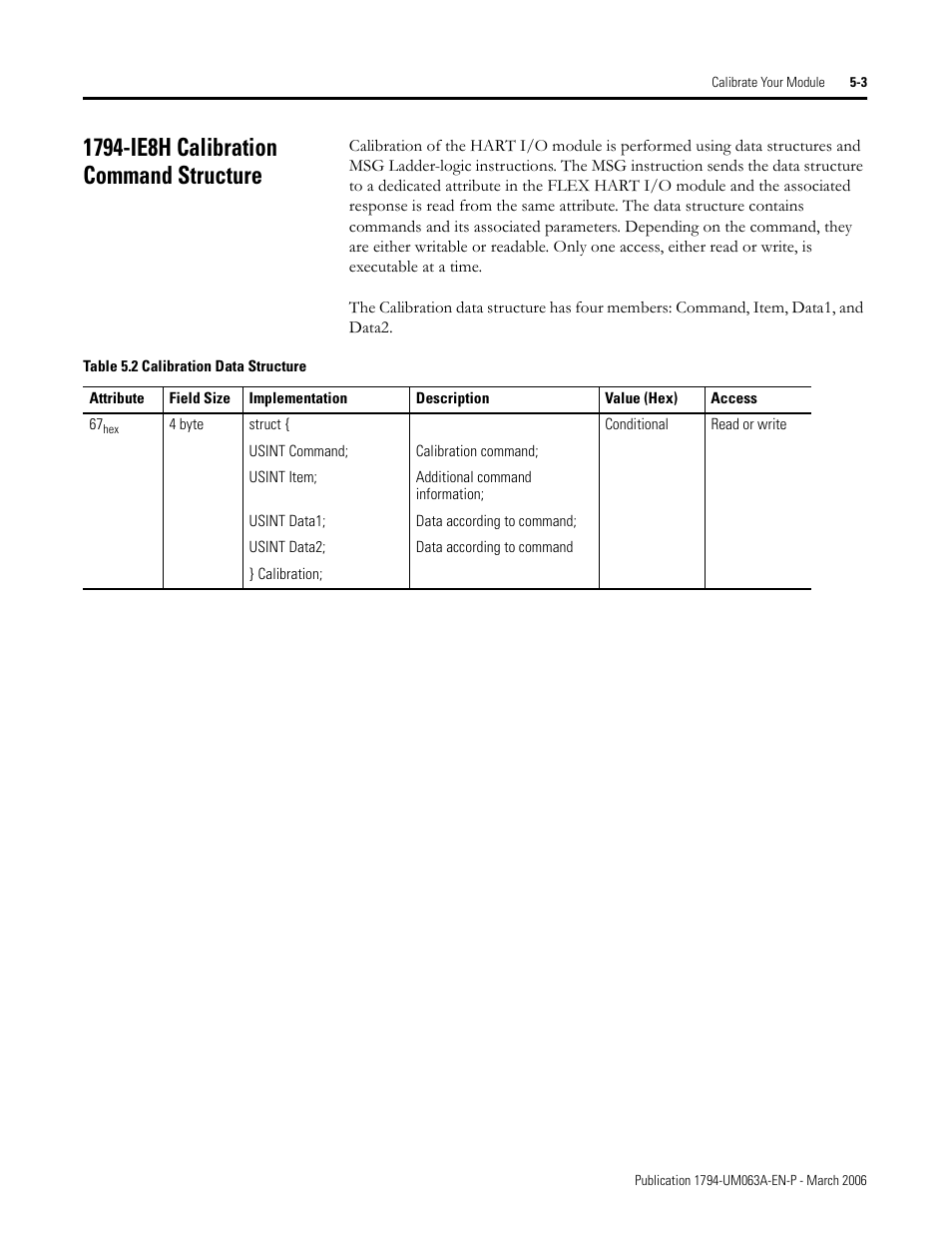 1794-ie8h calibration command structure, 1794-ie8h calibration command structure -3 | Rockwell Automation 1794-OE8H FLEX I/O HART Analog Modules User Manual User Manual | Page 71 / 146