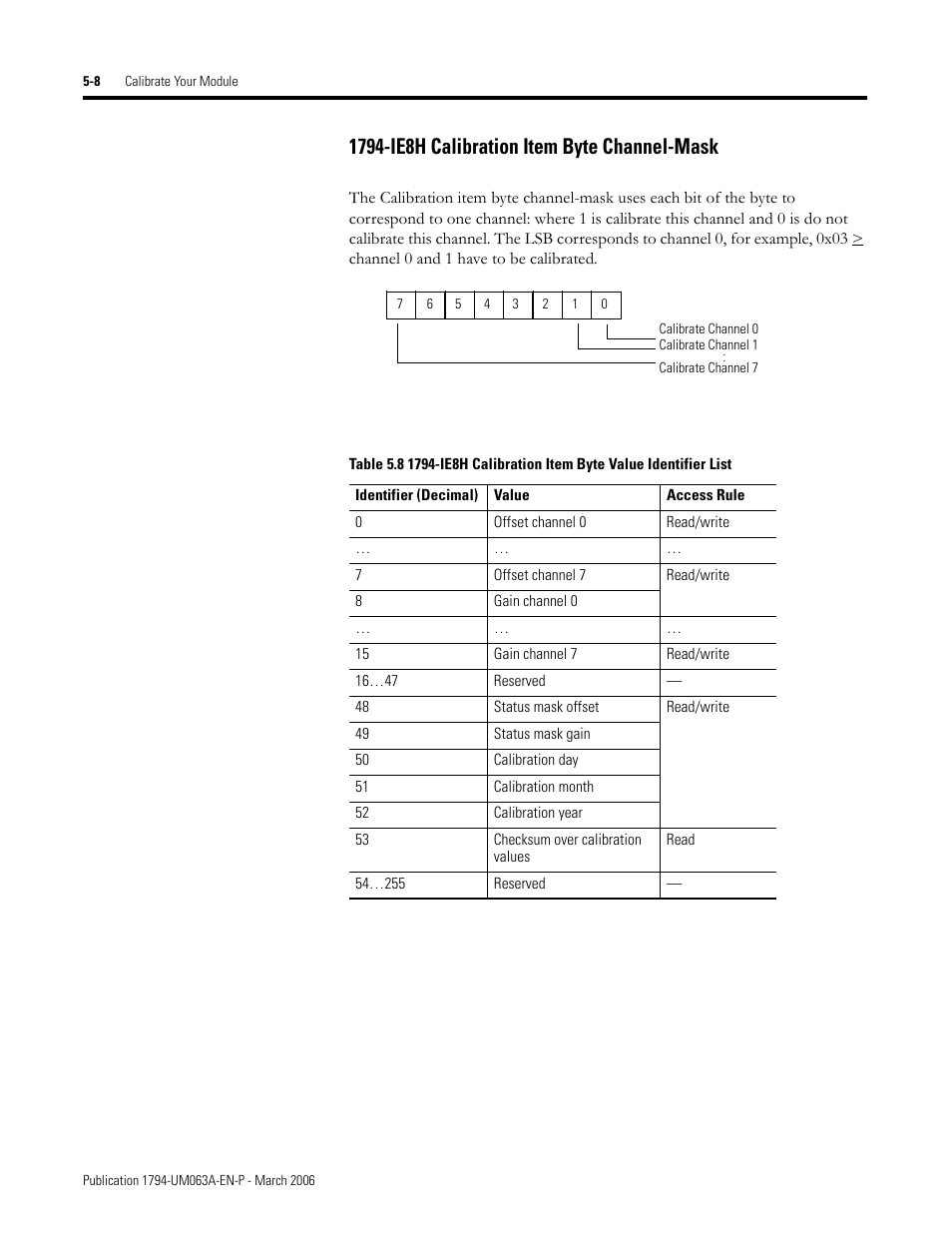 1794-ie8h calibration item byte channel-mask -8, 1794-ie8h calibration item byte channel-mask | Rockwell Automation 1794-OE8H FLEX I/O HART Analog Modules User Manual User Manual | Page 76 / 146