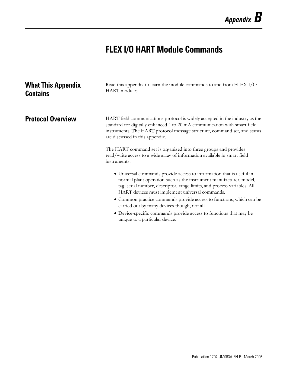 Appendix b, Flex i/o hart module commands, What this appendix contains | Protocol overview | Rockwell Automation 1794-OE8H FLEX I/O HART Analog Modules User Manual User Manual | Page 93 / 146