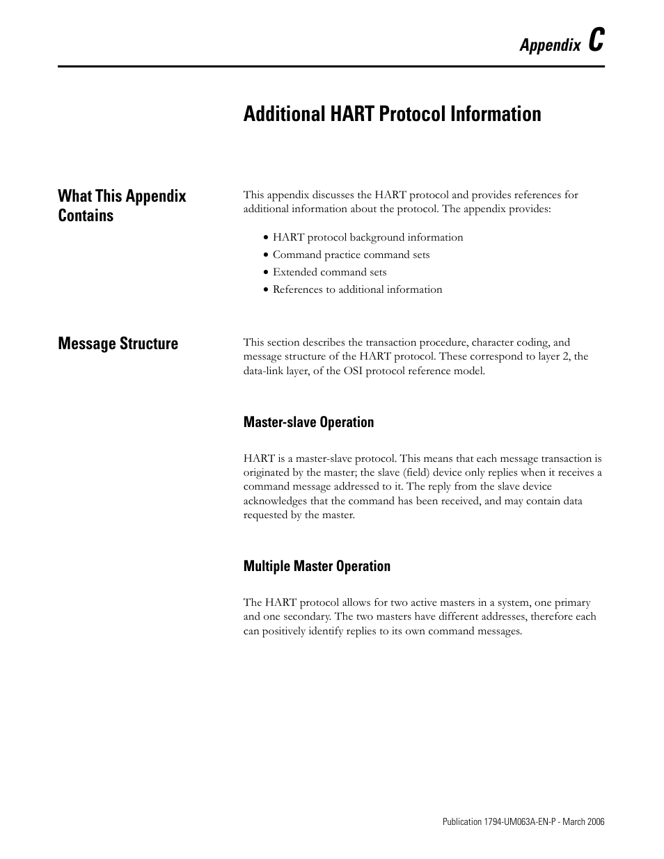 Appendix c, Additional hart protocol information, What this appendix contains | Message structure | Rockwell Automation 1794-OE8H FLEX I/O HART Analog Modules User Manual User Manual | Page 99 / 146