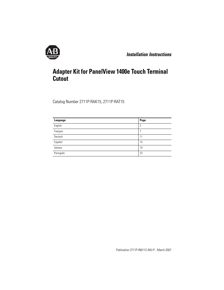 Rockwell Automation 2711p-RAK15, -RAT15 Adapter Kit for PanelView 1400e Touch Terminal User Manual | 28 pages