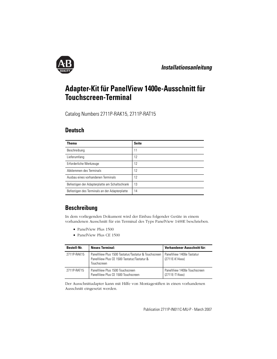 Deutsch, Beschreibung, Installationsanleitung | Deutsch beschreibung | Rockwell Automation 2711p-RAK15, -RAT15 Adapter Kit for PanelView 1400e Touch Terminal User Manual | Page 11 / 28