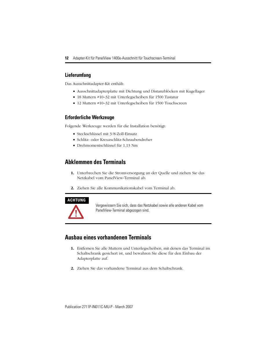 Lieferumfang, Erforderliche werkzeuge, Abklemmen des terminals | Ausbau eines vorhandenen terminals | Rockwell Automation 2711p-RAK15, -RAT15 Adapter Kit for PanelView 1400e Touch Terminal User Manual | Page 12 / 28