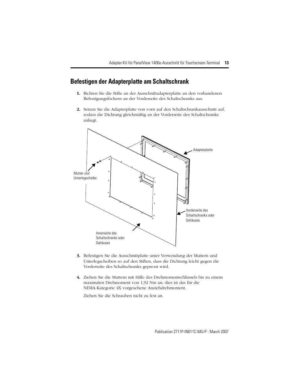 Befestigen der adapterplatte am schaltschrank | Rockwell Automation 2711p-RAK15, -RAT15 Adapter Kit for PanelView 1400e Touch Terminal User Manual | Page 13 / 28
