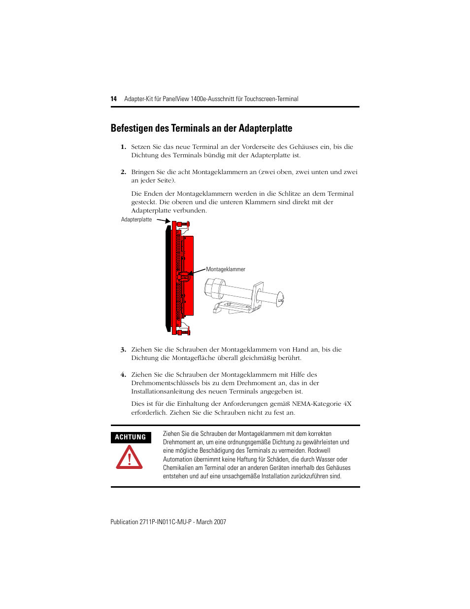 Befestigen des terminals an der adapterplatte | Rockwell Automation 2711p-RAK15, -RAT15 Adapter Kit for PanelView 1400e Touch Terminal User Manual | Page 14 / 28