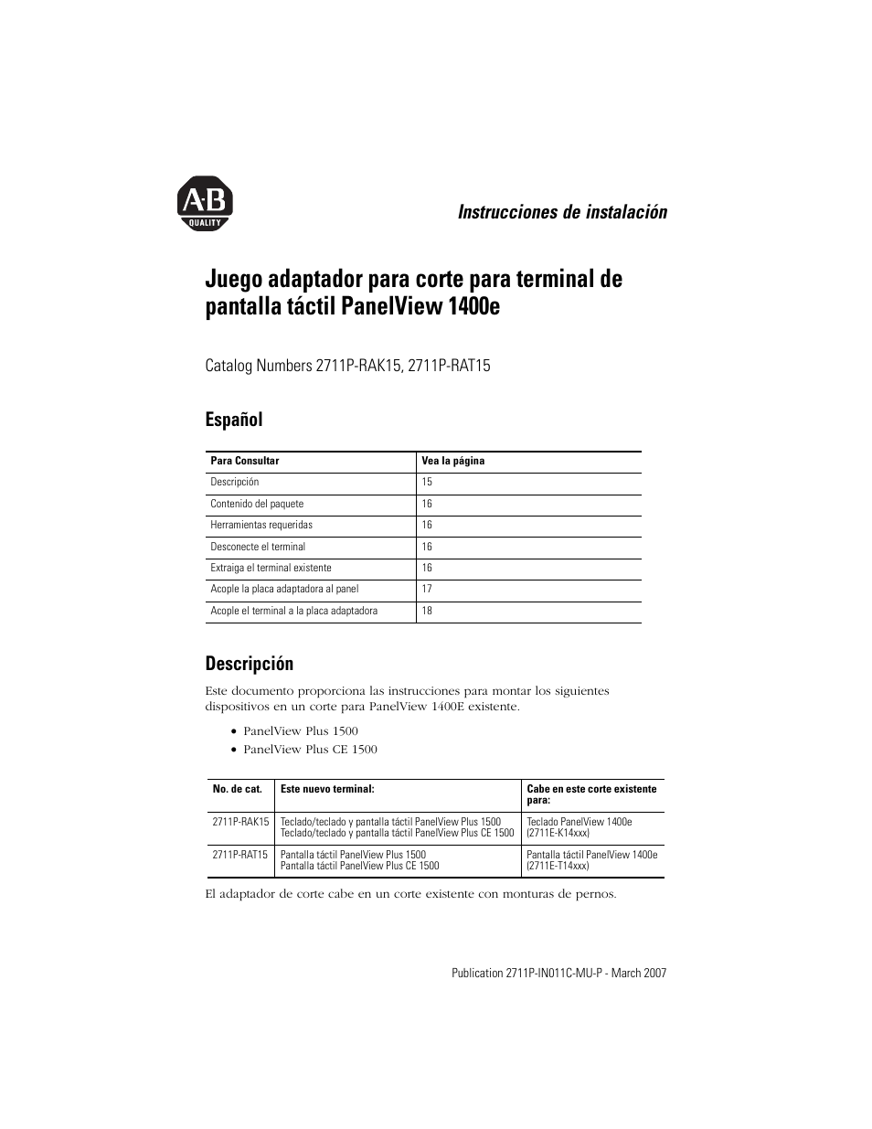 Español, Descripción, Instrucciones de instalación | Español descripción | Rockwell Automation 2711p-RAK15, -RAT15 Adapter Kit for PanelView 1400e Touch Terminal User Manual | Page 15 / 28